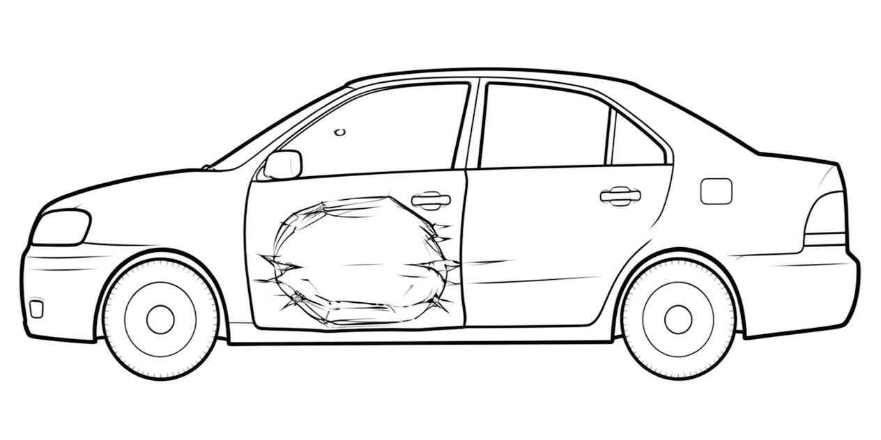 Deep circular dent in a car door