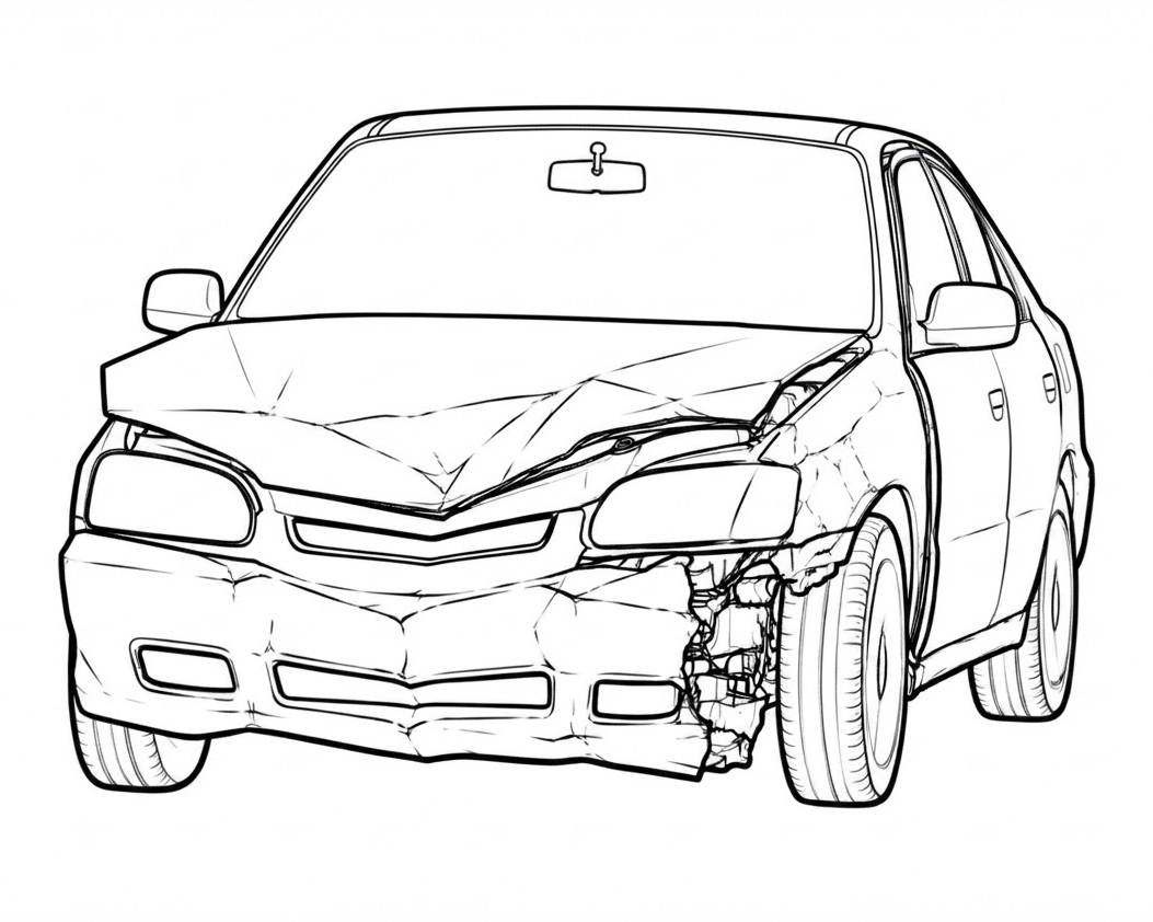Crushed front bumper and crumpled hood
