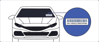 VIN plate on the driver’s side dashboard, visible through the windshield